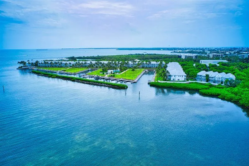 Indigo Reef aerial view of the resort peninsula and marina in the Florida Keys.